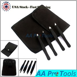 AA Pro TWEEZERS SET OF 4 +CASE STAINLESS STEEL PROFESSIONAL PLUCKER BEAUTY
