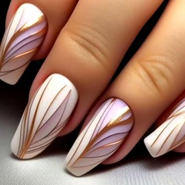 Matte Press on Nails Long Square Fake Nails,24Pcs Full Cover Stick on Nails with Gold Lines Designs,Reusable False Nails with Sticky Tabs,Acrylic Artificial Fingernail Nail Charm for Women Girls