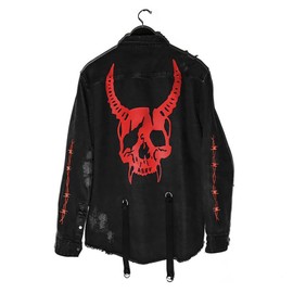 DIOTSR Mens Distressed Denim Jacket Casual Ripped Holes Jean Jacket Hip Hop Punk Street Outwear Black (Skull, Large)