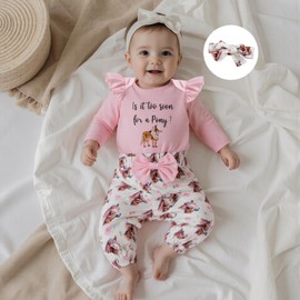 Youweixiong Western Baby Girl Clothes Ruffle Long Sleeve Funny Letters Romper Cowgirl Boots/Pony Pants Headband Coming Home Outfit 0-18M (Pink, 3-6 Months)