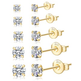 Geveay 5pairs Gold Stud Earrings Hypoallergenic Cubic Zirconia Gold Earrings for Women Trendy Cartilage Gold Stud Earring Set 3/4/5/6/7MM