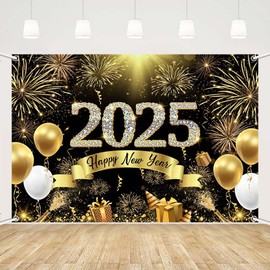 MEHOFOND 7x5ft Happy New Year Backdrop, Happy New Year Banner for Happy New Year Decorations 2025 Gold Black Fireworks Balloons Photography Background for New Years Eve Party Supplies