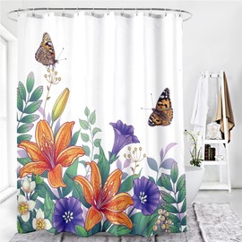 BECAN Floral Shower Curtain Purple Orange Flower Green Leaves Butterfly Flower Bush Polyester Fabric Bathroom Shower Curtain 72X72Inches …
