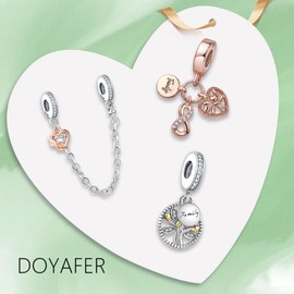Doyafer 925 Sterling Silver Charm Set Family Tree Beaded Safety Chain Charming Women's Bracelet Beaded Mother's Day Birthday Jewelry Gift