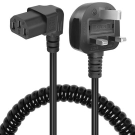 GELRHONR 90 Degree Kettle Lead Coiled Cable,3 pin Mains to Down Angle IEC C13 Power Cord Spring Spiral Cable for Computer,Monitor,TV,Halogen Oven-Black(Down Angled C13)