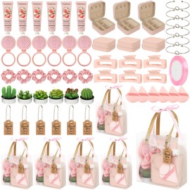 Acmee Baby Shower Prizes for Winners Gifts Headband Hair Brush Jewelry Box Plants Candles Bracelet Hand Cream Compact Powder Puff Hair Claw ribbon Gift Bag Beaded Necklace Bridal Shower(6 Sets-Pink)