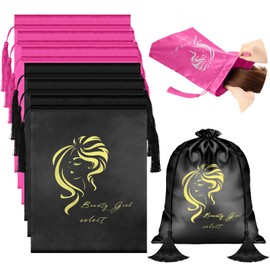 6 Pieces Satin Wig Bags Soft Silky Pouches with Drawstring Tassel Packaging Hair Extensions, Bundles, Wigs Bags Hair Tools Storage Bags for Home and Salon Use (Black and Rose Red)
