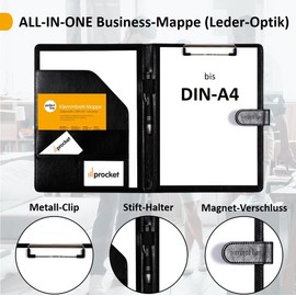 Perfect Line DIN A4 Clipboard Folder in Leather Look Document Wallet with Magnetic Closure Conference Index with 4 Compartments and Clamp Ideal as a Notebook and Organiser
