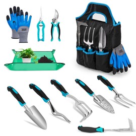 Garden Tool Set with Non Slip Rubber Grip,11 Piece Stainless Steel Gardening Tool Sets,Heavy Duty Outdoor Hand Tools Kit,Durable Tote Bag,Repotting mat,Uprooting Weeding Tool,Ideal Gifts for Women Men