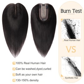 SEGO Human Hair Toppers for Women With Thinning Hair, 7 * 13CM Silk Base 100% Real Human Hair Clip in Top Wiglet Hairpieces /14 Inch No Bangs Natural Black