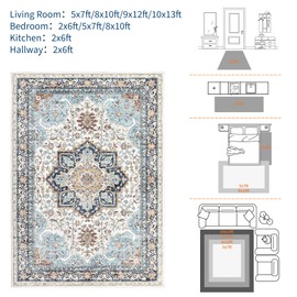 Washable Area Rug 8x10, Vintage Retro Carpet with Non-Slip Backing, Floral Pattern Floor Rugs for Entryway, Kitchen, Bathroom, Living Room, Hallways, Bedroom, Blue