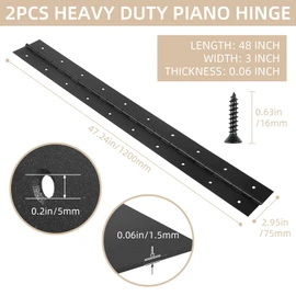 2 Pack Heavy Duty Piano Hinges, 48 Inch x 3 Inch Open Width Stainless Steel Piano Hinge 0.06" Thick Black Continuous & Piano Hinges with Screws for Wood Furniture, Door, Wooden Box