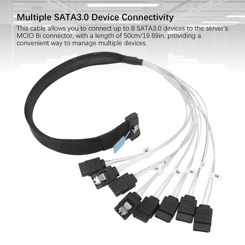 MCIO 8i to 8xSATA3.0 Cable 19.7 Inch Silver Plated OFC