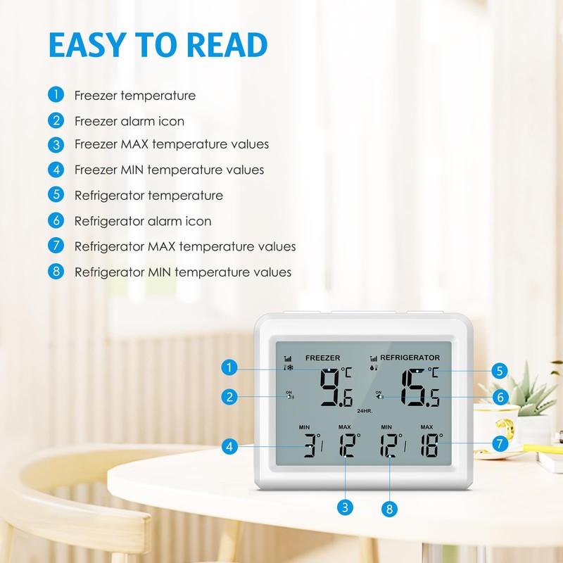 Brifit Digital Refrigerator Thermometer, 3.7 inch LCD Backlight Freezer Thermometer