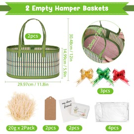 Dreamtop 2 Set Empty Hamper Baskets, Large Woven Bamboo Gift Basket Hamper Kit with Handles, Green Sturdy Hamper Baskets for Gifts Empty to Fill for Christmas Birthday Baby Shower Wedding Gift