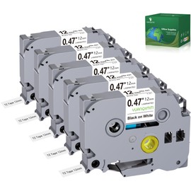 Label Maker Refill 1/2" Black on White Compatible for Brother P-Touch Label Tape TZe TZ Tape 12mm 0.47 Laminated White, for PT PTD410 PTD210 D210 D220 H110 D410 P710BT Printer, 5 Pack