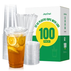 JoyOwl 32 OZ Clear Plastic Cups with Lids and Straws 100 Pack, Disposable To Go Cups with Lids for Iced Coffee, Smoothie and Cold Drinks