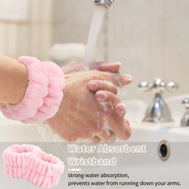 WHAVEL 3PCS Spa Headband and Wristband Set, Face Wash Headband Facial Skincare Headbands Makeup Hair Band Wrist Towels Wrist Bands for Washing Face, with 5PCS Facial Sponges (Pink)