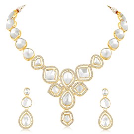 Aheli Gold Plated White Cubic Zirconia & Synthetic Stone Studded Necklace Drop Earrings Set Contemporary Jewellery Gift for Women