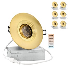 POPANU Premium 4-inch LED Recessed Lights - 5 CCT 4 Inch Eyeball Ceilling Gimbal Potlight, Dimmable Recessed Lights Fixture with Junction Box, 8W CCT Adjustable, Shiny Gold, with Baffle, 6P