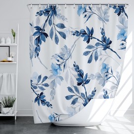 LIVETTY Shower Curtain Blue Leaves Curtain 180×180cm Floral Shower Curtain for Bathroom Quick-Drying Kitchen Curtains Machine Washable with 12 Hooks-Multi-Color