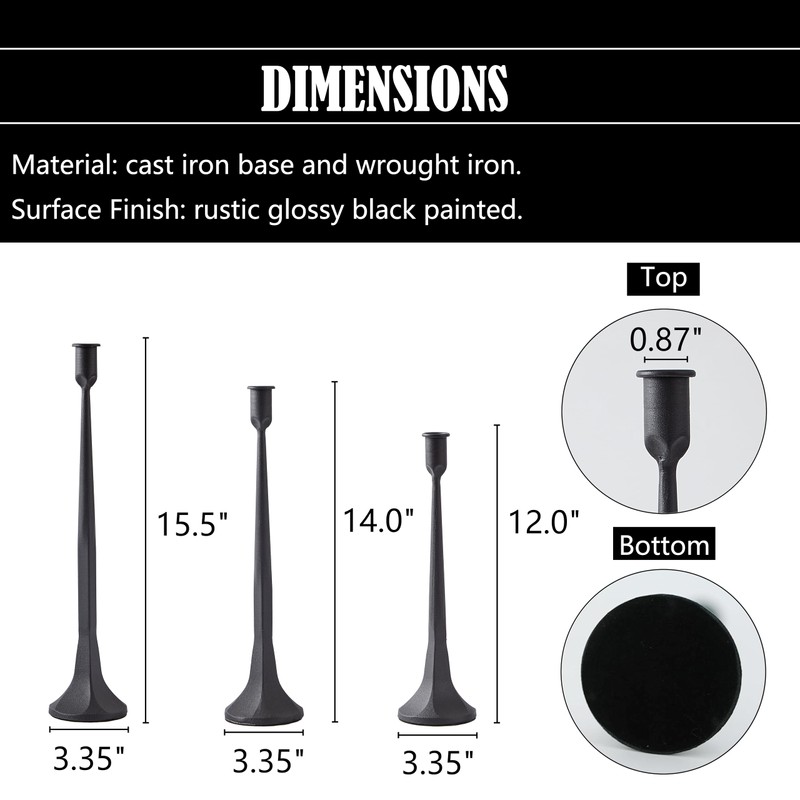 Denique Iron Taper Candle Holder Set of 3, Black Candlestick