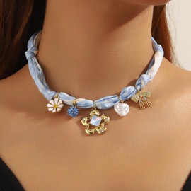 72ore Scarf Necklace Heart Flower Bow Blue Bandana Necklace With Charms Summer Beach Jewelry Party Dresses Accessories for Women Trendy 2025
