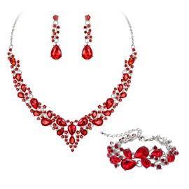 Ever Faith Wedding Bridal Jewellery Sets for Women, Sparkly Rhinestone Crystal Floral Teardrop Cluster Statement Necklace Dangle Drop Earrings Bracelet Set 3 Pcs Costume Jewelry Red Silver-Tone