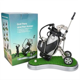 Seadream Golf Gift Set,Golf Pen Holder Set with Lawn Base and 3 Golf Pens,Golf Souvenirs Gifts for Golfer Fans Coworker (Silver+Black)