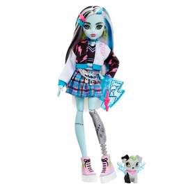 Monster High Poupée Frankie Stein Avec Accessoires Et Animal De Compagnie, Poupée Mode Articulée, Cheveux Méchés Noirs Et Bleus, Jouet Enfant, Dès 3 Ans, HHK53
