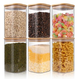 YUNCANG Glass Storage Jars 6 Pack 37oz Clear Glass Food Storage Containers with Airtight Bamboo Lid Stackable Kitchen Canisters for Candy,Cookie,Rice,Sugar,Flour,Pasta,Nuts and Spice Jars(Square)