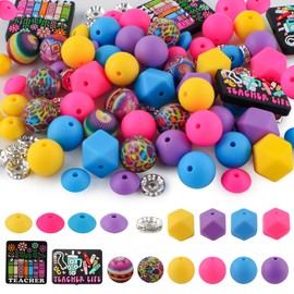 Kovict 82Pcs 12mm 14mm 15mm Silicone Beads for Keychain Making, 10mm Rondelle Rhinestone Spacer Print Hexagon Round Purple Yellow Blue Pink Teacher Silicone Focal Beads for Pens