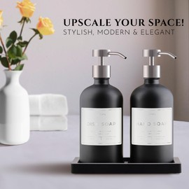 Glass Soap Dispenser Set of 2 (Black) with Silicone Tray | Hand and Dish Soap Dispenser for Kitchen and Bathroom | 16.8 Oz Glass Bottles with Stainless Steel Pump & 15 Waterproof Labels (Black/Silver)