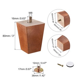 uxcell Furniture Legs, 3 Inch(80mm) Set of 4 Square Solid Wood Couch Legs Chair Table Feet Sofa Support Replacement Parts, with Accessories, Brown