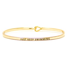 by you Inspirational Positive Quote Message Engraved Thin Cuff Bangle Hook Bracelet (JUST KEEP SWIMMING-GOLD)