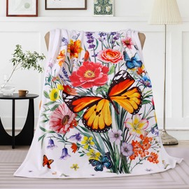 Floral Blanket Ultra Soft Butterfly Flowers Throw Blankets Wildflower Leaves Flannel Fleece Throw Watercolor Warm Cozy Fuzzy Plus Gift Cabin Blanket for Bed Sofa, 50" X 60"