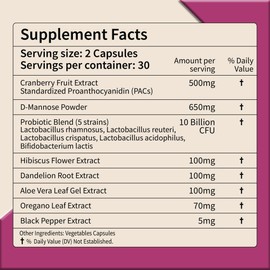 FIRSTORGANIC UTI Flora & Odor Pro+ for Intimate Freshness & Comfort Support with Cranberry, D-Mannose, Vaginal Probiotic, Hibiscus, Dandelion, Third-party Tested, GMP Facility, Vegan, Non-GMO, Gluten-Free, 60 Caps