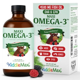 Maxi Health Omega 3 for Kids Supplement – Kosher Omega 3 Kids Fish Oil Liquid with DHA & EPA – Liquid Fish Oil Supplement with Fruity Burst Flavor to Support Mood, Brain, Focus, Bones & Eyes (8 oz)
