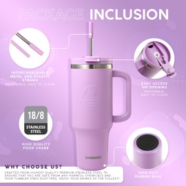 FAHRMOSIS 40 Oz Tumbler with Handle and Straw | Stainless Steel Vacuum Insulated Tumbler for Hot & Cold Drinks | Double Insulated Tumbler Reusable Water Bottle with Straw - Lavender