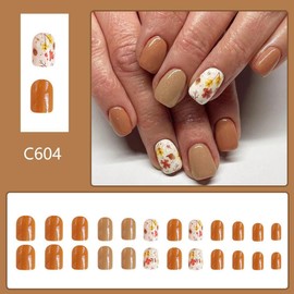 Fall Press on Nails Short Square Fake Nails Flower Glue on Nails Leaf Stick on Nails Coffee False Nails Glossy Artificial Acrylic Nails Reusable for Women Girls Manicure 24PCS