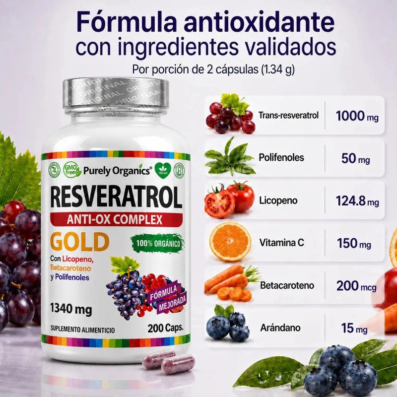 Resveratrol Gold 200 Cápsulas Suplemento Antioxidante Transresveratrol Complejo Antioxidantes Polifenoles