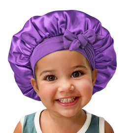 Gorro de pelo de seda satinada: gorros para niños con banda elástica de corbata, correas ajustables para dormir y dormir cómodo, banda elástica para el cabello que no se desliza (morado + verde azulado), púrpura, cerceta (Purple+Teal), Large