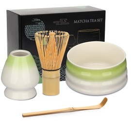Geebuzz Matcha Whisk Set - Matcha Bowl and Bamboo Matcha Whisk, Scoop, Spoon, Sifter, Whisk Holder, 6pcs Perfect Matcha Starter Kit for Matcha Tea Ceremony (C Green/White)
