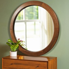Round Mirror 36 Inch,Wood Rustic Bathroom Tempered Wall Mirror with Walnut Frame,Farmhouse Wooden Vanity Circle Mirror for Living Room,Entryway or Bedroom（Walnut Brown）