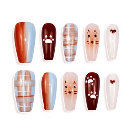 Press On Nails Medium Coffin Fake Nails with Cat Gradient Lattice Design Glue on Nails Coffee Haze Blue Full Cover False Nails Glossy Stick on Nails for Women Autumn and Winter Manicure