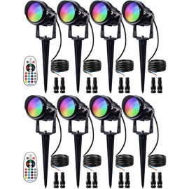 SUNVIE 12W RGB Color Changing Landscape Lights Low Voltage LED Landscape Lighting Remote Control Spotlight Waterproof Garden Pathway Christmas Decorative Lights Outdoor Indoor, 8 Pack with Connector