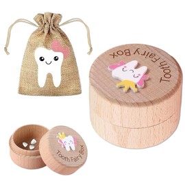 3D Carved Tooth Fairy Pillow Box Tooth Fairy Set for Girls Includes 1 Wooden Keepsake Box & 1 Burlap Pouch Engraved 3D Design Compact & Adorable For Childhood Milestones