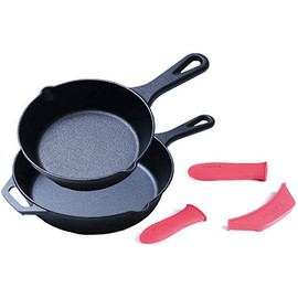 HomeVss Cast Iron， Pre Seasoned Skillet with Silicone Handle (8 inch + 10 inch)