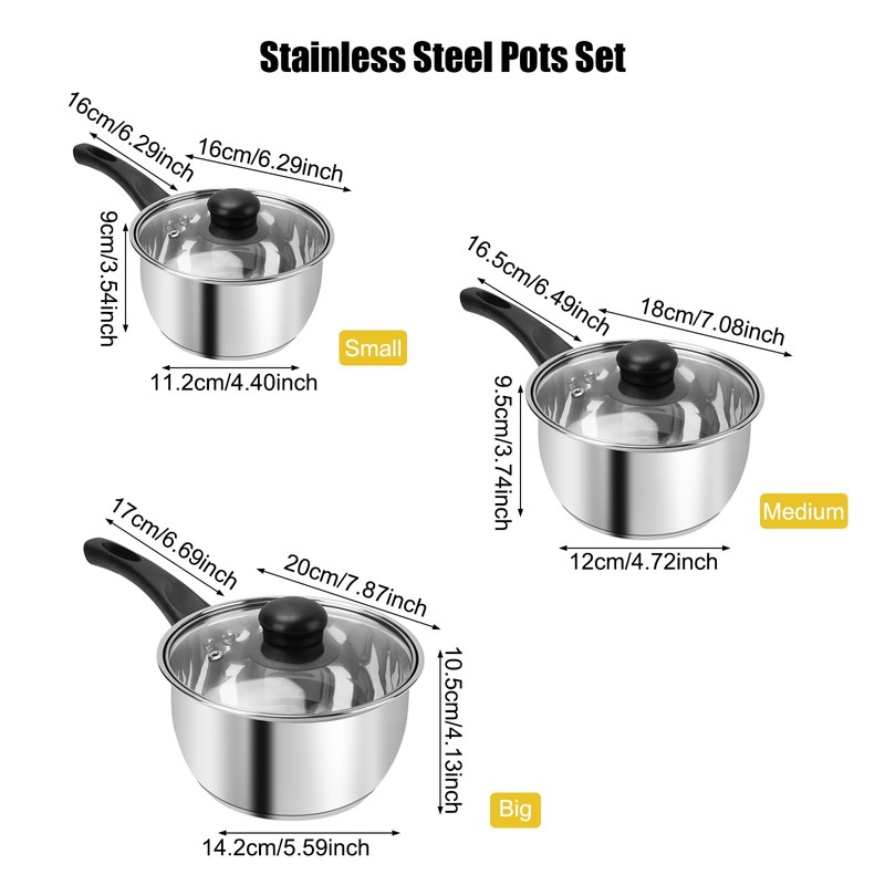 3pcs Stainless Steel Saucepan Set, Kitchen 1QT & 2QT &