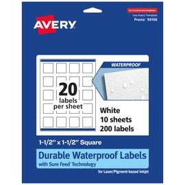 Avery Durable Waterproof Square Labels, Sure Feed Technology, 1.5" x 1.5", 200 Total, Oil and Tear-Resistant Waterproof Labels, Print-to-The-Edge, Laser/Pigment-Based Inkjet Printable
